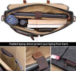 Mens Messenger Bag 15.6 Inch Waterproof Vintage Genuine Leather Waxed Canvas Briefcase Large Leather Computer Laptop Bag Rugged Satchel Shoulder Bag, Brown - Image 4